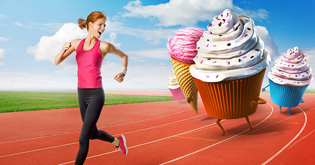 Active8me who will win the battle of run or walk girl running away from calorie food