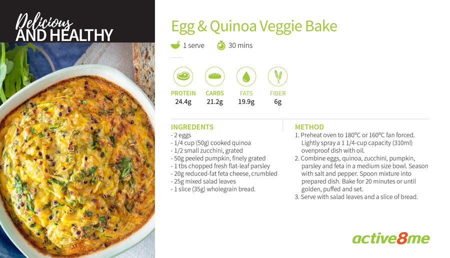 Active8me recipe card Egg Quinoa Veggie Bake