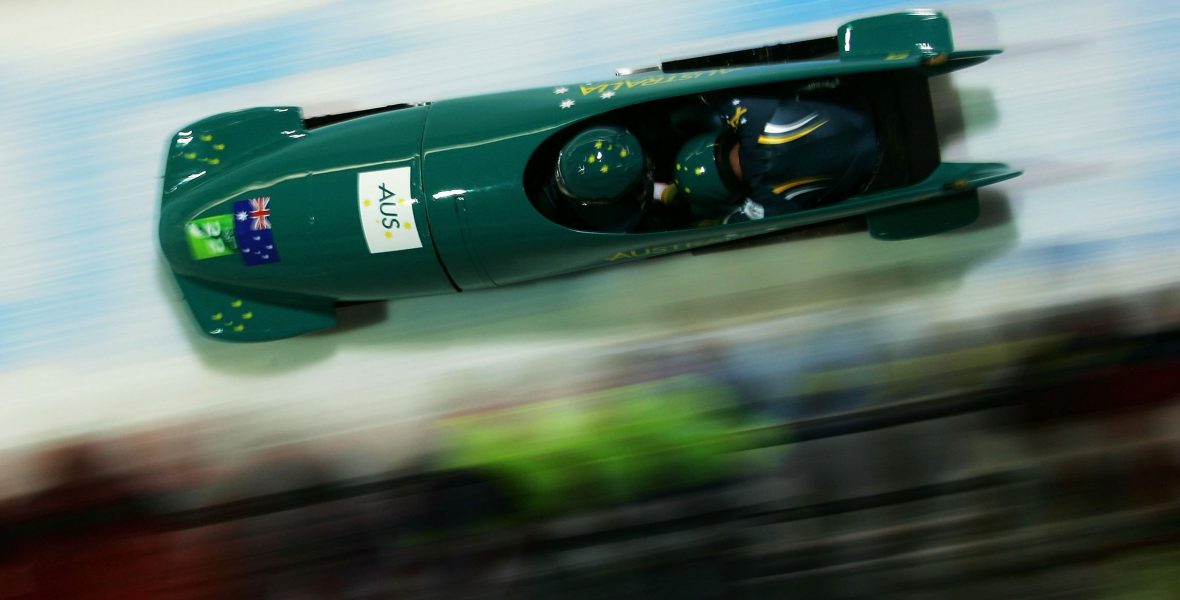 CESANA PARIOL, ITALY - FEBRUARY 18:  Jeremy Rolleston and Shane McKenzie of Australia compete in the Two Man Bobsleigh event on Day 8 of the 2006 Turin Winter Olympic Games on February 18, 2006 in Cesana Pariol, Italy.  (Photo by Shaun Botterill/Getty Images)